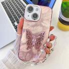 For iPhone 13 Plating Glitter Lens Film Texture Butterfly Holder Wristband Phone Case(Pink Feathers) - 1