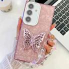 For Samsung Galaxy S24 FE 5G Plating Glitter Lens Film Texture Butterfly Holder Wristband Phone Case(Pink Shell Pattern) - 1