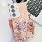 For Samsung Galaxy A15 5G Plating Glitter Lens Film Texture Butterfly Holder Wristband Phone Case(Pink Feathers) - 1
