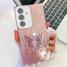 For Samsung Galaxy A15 5G Plating Glitter Lens Film Texture Butterfly Holder Wristband Phone Case(Pink Feather Yarn) - 1