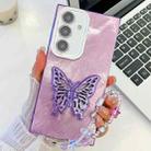 For Samsung Galaxy A15 5G Plating Glitter Lens Film Texture Butterfly Holder Wristband Phone Case(Purple Tinfoil Texture) - 1