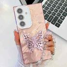 For Samsung Galaxy A55 5G Plating Glitter Lens Film Texture Butterfly Holder Wristband Phone Case(Pink Feathers) - 1