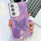 For Samsung Galaxy A55 5G Plating Glitter Lens Film Texture Butterfly Holder Wristband Phone Case(Purple Feather Yarn) - 1