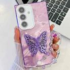 For Samsung Galaxy A35 5G Plating Glitter Lens Film Texture Butterfly Holder Wristband Phone Case(Purple Feathers) - 1