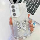 For Samsung Galaxy A35 5G Plating Glitter Lens Film Texture Butterfly Holder Wristband Phone Case(White Feather Yarn) - 1