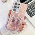 For Samsung Galaxy S24 Ultra 5G Plating Glitter Lens Film Texture Butterfly Holder Wristband Phone Case(Pink Wrinkles) - 1