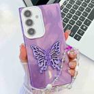 For Samsung Galaxy A25 5G Plating Glitter Lens Film Texture Butterfly Holder Wristband Phone Case(Purple Feather Yarn) - 1