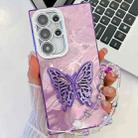 For Samsung Galaxy S23 Ultra 5G Plating Glitter Lens Film Texture Butterfly Holder Wristband Phone Case(Purple Feathers) - 1