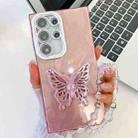 For Samsung Galaxy S23 Ultra 5G Plating Glitter Lens Film Texture Butterfly Holder Wristband Phone Case(Pink Feather Yarn) - 1