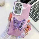 For Samsung Galaxy S23 Ultra 5G Plating Glitter Lens Film Texture Butterfly Holder Wristband Phone Case(Purple Tinfoil Texture) - 1