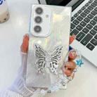 For Samsung Galaxy S25 5G Plating Glitter Lens Film Texture Butterfly Holder Wristband Phone Case(White Tinfoil Texture) - 1