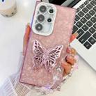 For Samsung Galaxy S25 Ultra 5G Plating Glitter Lens Film Texture Butterfly Holder Wristband Phone Case(Pink Shell Pattern) - 1