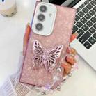 For Samsung Galaxy A36 5G Plating Glitter Lens Film Texture Butterfly Holder Wristband Phone Case(Pink Shell Pattern) - 1