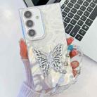 For Samsung Galaxy A36 5G Plating Glitter Lens Film Texture Butterfly Holder Wristband Phone Case(White Feathers) - 1
