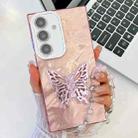 For Samsung Galaxy A16 5G Plating Glitter Lens Film Texture Butterfly Holder Wristband Phone Case(Pink Feathers) - 1