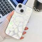 For iPhone 13 Plating Texture MagSafe TPU Phone Case with Glitter Lens Film(White Feathers) - 1