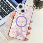 For iPhone 14 Plating Texture MagSafe TPU Phone Case with Glitter Lens Film(Purple Feathers) - 1