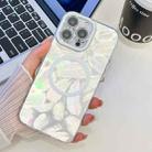 For iPhone 14 Pro Plating Texture MagSafe TPU Phone Case with Glitter Lens Film(White Feathers) - 1