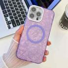 For iPhone 15 Pro Plating Texture MagSafe TPU Phone Case with Glitter Lens Film(Purple Shell Pattern) - 1