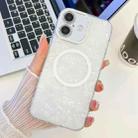 For iPhone 16 Plus Plating Texture MagSafe TPU Phone Case with Glitter Lens Film(White Shell Pattern) - 1