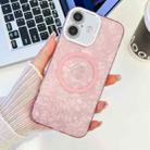 For iPhone 16 Plus Plating Texture MagSafe TPU Phone Case with Glitter Lens Film(Pink Shell Pattern) - 1