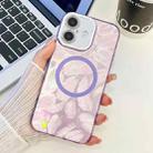 For iPhone 16 Plus Plating Texture MagSafe TPU Phone Case with Glitter Lens Film(Purple Feathers) - 1