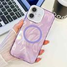 For iPhone 16 Plus Plating Texture MagSafe TPU Phone Case with Glitter Lens Film(Purple Feather Yarn) - 1