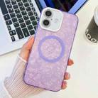 For iPhone 16 Plating Texture MagSafe TPU Phone Case with Glitter Lens Film(Purple Shell Pattern) - 1