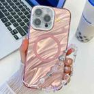 For iPhone 16 Pro Max Plating Texture Wristband MagSafe TPU Phone Case with Glitter Lens Film(Pink Water Ripples) - 1