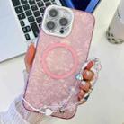 For iPhone 16 Pro Max Plating Texture Wristband MagSafe TPU Phone Case with Glitter Lens Film(Pink Shell Pattern) - 1