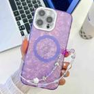 For iPhone 16 Pro Max Plating Texture Wristband MagSafe TPU Phone Case with Glitter Lens Film(Purple Shell Pattern) - 1