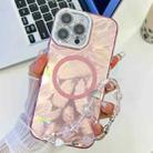 For iPhone 16 Pro Max Plating Texture Wristband MagSafe TPU Phone Case with Glitter Lens Film(Pink Feathers) - 1