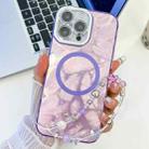 For iPhone 16 Pro Max Plating Texture Wristband MagSafe TPU Phone Case with Glitter Lens Film(Purple Feathers) - 1