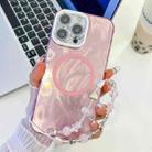 For iPhone 16 Pro Max Plating Texture Wristband MagSafe TPU Phone Case with Glitter Lens Film(Pink Feather Yarn) - 1