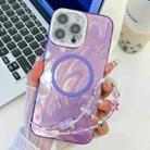 For iPhone 16 Pro Max Plating Texture Wristband MagSafe TPU Phone Case with Glitter Lens Film(Purple Feather Yarn) - 1