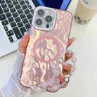 For iPhone 16 Pro Max Plating Texture Wristband MagSafe TPU Phone Case with Glitter Lens Film(Pink Wrinkles) - 1