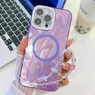 For iPhone 16 Pro Plating Texture Wristband MagSafe TPU Phone Case with Glitter Lens Film(Purple Feather Yarn) - 1