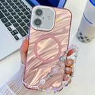 For iPhone 16 Plus Plating Texture Wristband MagSafe TPU Phone Case with Glitter Lens Film(Pink Water Ripples) - 1