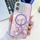 For iPhone 16 Plus Plating Texture Wristband MagSafe TPU Phone Case with Glitter Lens Film(Purple Feathers) - 1