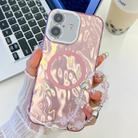 For iPhone 16 Plus Plating Texture Wristband MagSafe TPU Phone Case with Glitter Lens Film(Pink Wrinkles) - 1