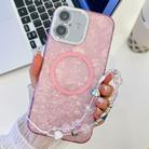 For iPhone 16 Plating Texture Wristband MagSafe TPU Phone Case with Glitter Lens Film(Pink Shell Pattern) - 1