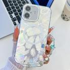 For iPhone 16 Plating Texture Wristband MagSafe TPU Phone Case with Glitter Lens Film(White Feathers) - 1