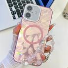 For iPhone 16 Plating Texture Wristband MagSafe TPU Phone Case with Glitter Lens Film(Pink Feathers) - 1