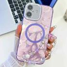 For iPhone 16 Plating Texture Wristband MagSafe TPU Phone Case with Glitter Lens Film(Purple Feathers) - 1