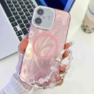 For iPhone 16 Plating Texture Wristband MagSafe TPU Phone Case with Glitter Lens Film(Pink Feather Yarn) - 1