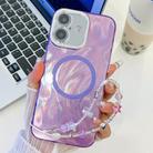 For iPhone 16 Plating Texture Wristband MagSafe TPU Phone Case with Glitter Lens Film(Purple Feather Yarn) - 1