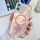 For iPhone 16 Plating Texture Wristband MagSafe TPU Phone Case with Glitter Lens Film(Pink Tinfoil Texture) - 1