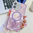 For iPhone 16 Plating Texture Wristband MagSafe TPU Phone Case with Glitter Lens Film(Purple Tinfoil Texture) - 1