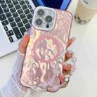 For iPhone 15 Pro Max Plating Texture Wristband MagSafe TPU Phone Case with Glitter Lens Film(Pink Wrinkles) - 1