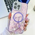 For iPhone 15 Pro Plating Texture Wristband MagSafe TPU Phone Case with Glitter Lens Film(Purple Feathers) - 1